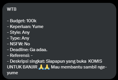 WTB, mengutamakan yang komis untuk donasi banjir