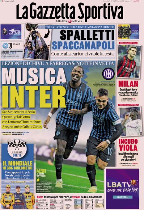 Front Page La Gazzetta dello Sport, Sunday 7 December 2025