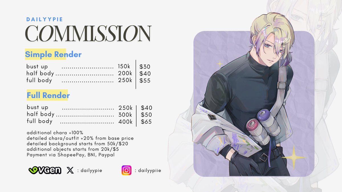 Dailyypie Commission Open!! ☀️
(rt and likes are appreciated)

Hii! I open commission for 3 slots. Kindly dm me for more information. Thank you!

Commission result: #dailyypiecomms 

#VGenComm #VGenOpen #commissionopen