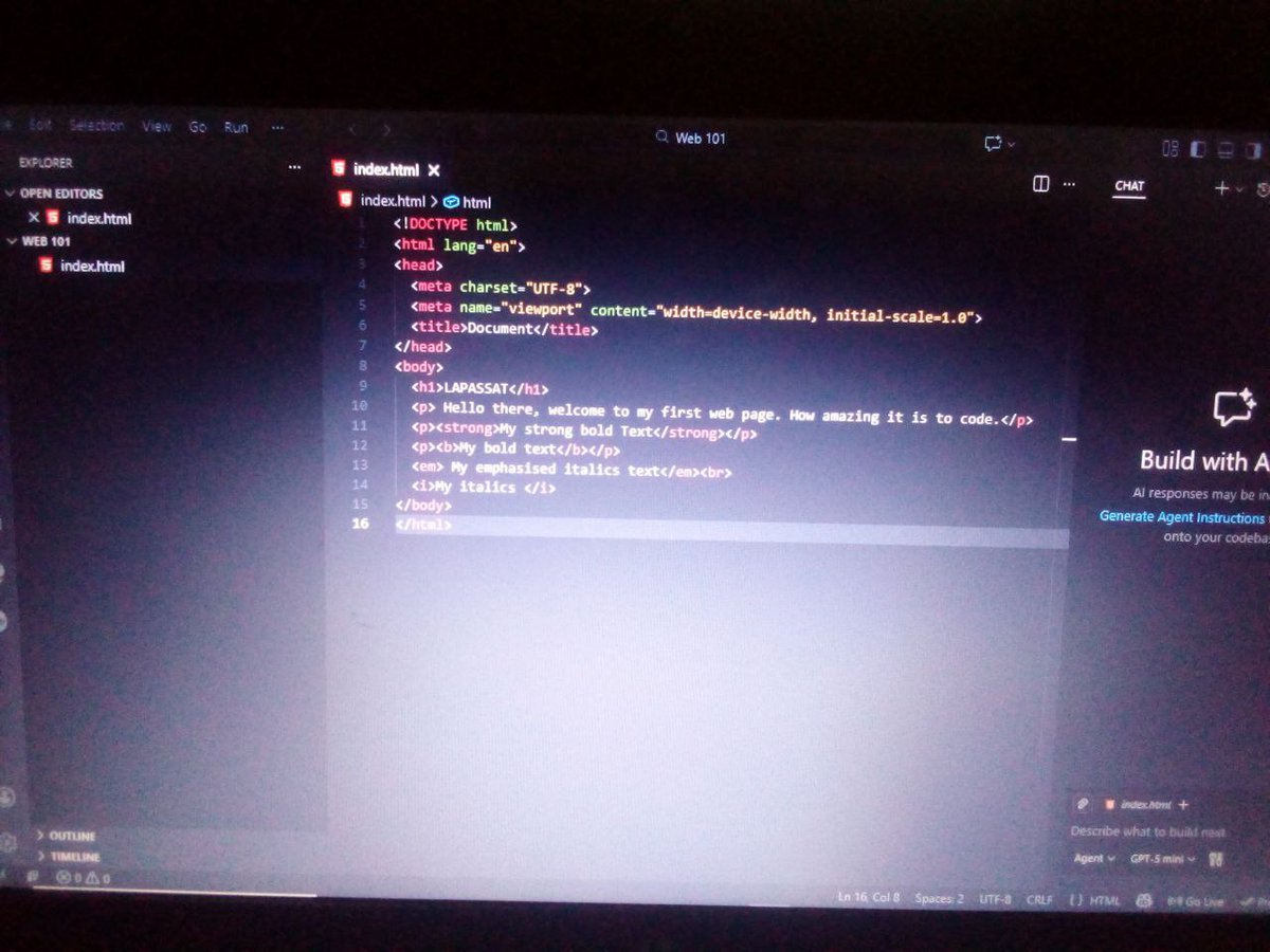 la_passat's tweet image. Been busy building...   
Day 5 of levelling up: HTML elements 

Paragraphs &amp;lt;p&amp;gt; &amp;lt;/p&amp;gt;
Headings &amp;lt;h1&amp;gt; &amp;lt;/h1&amp;gt;
links &amp;lt;a&amp;gt; &amp;lt;/a&amp;gt;... attribute (href)
Image &amp;lt;img&amp;gt;...attribute (src,alt)
Video &amp;lt;video&amp;gt; &amp;lt;/video&amp;gt;...attribute(src,controls)