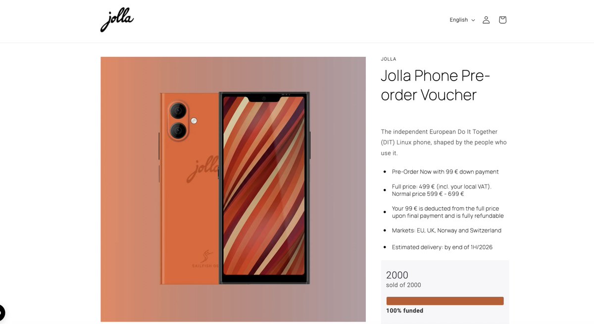 AMAZING!!!

Jolla just sold 2,000 phones in 47 hours, representing nearly 1M EUR in committed sales - an excellent result for any company. The new European phone is a reality.

You can still join the first batch, but its running out fast: commerce.jolla.com/products/jolla…