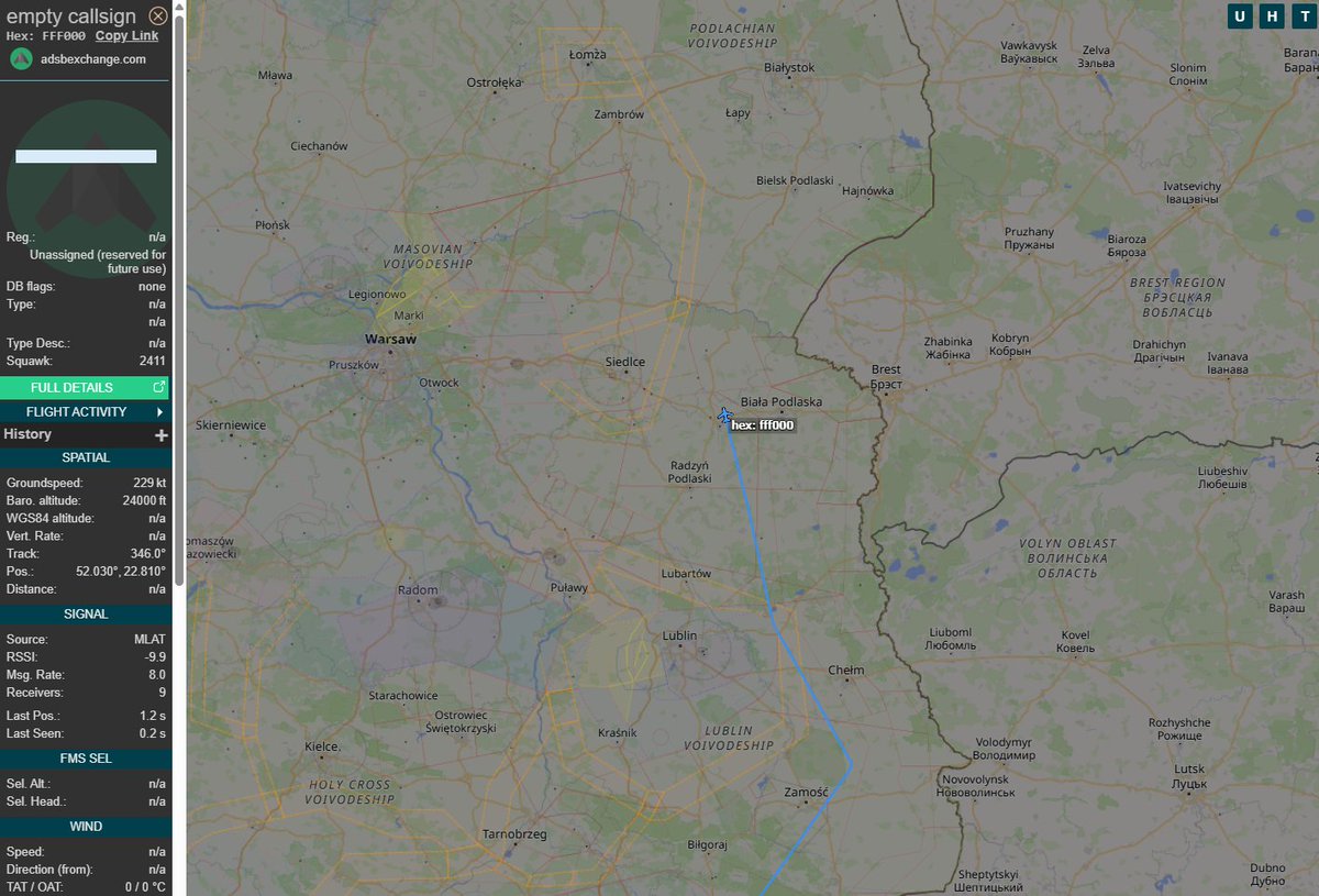 PolishMilRadar's tweet photo. 📅07.12🕑12:49LT - 🇳🇱🛩️ Holenderski MQ-9 nad Polską ❓
Wzdłuż wschodniej granicy, na wysokości 24 000 stóp, w kierunku północnym leci maszyna, który nie ma danych na radarach. Wystartował on prawdopodobnie z Bazy Lotniczej Câmpia Turzii #LRCT w Rumunii 🇷🇴. Może to być bezzałogowiec 🛩️ General Atomics MQ-9 Reaper Holenderskich Sił Powietrznych 🇳🇱 ponieważ właśnie dwa takie drony, stacjonują w Rumunii wykonując działania zwiadowcze w ramach NATO.
🔗https://t.co/qo8S3ZMql4
#POLMILRADAR
