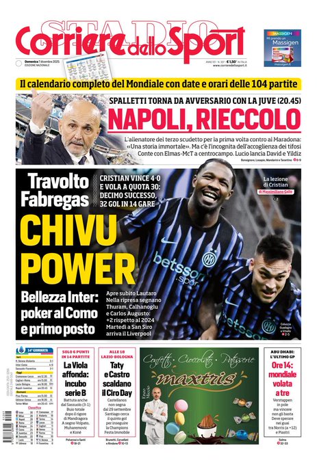 Front Page Corriere dello Sport, Sunday 7 December 2025