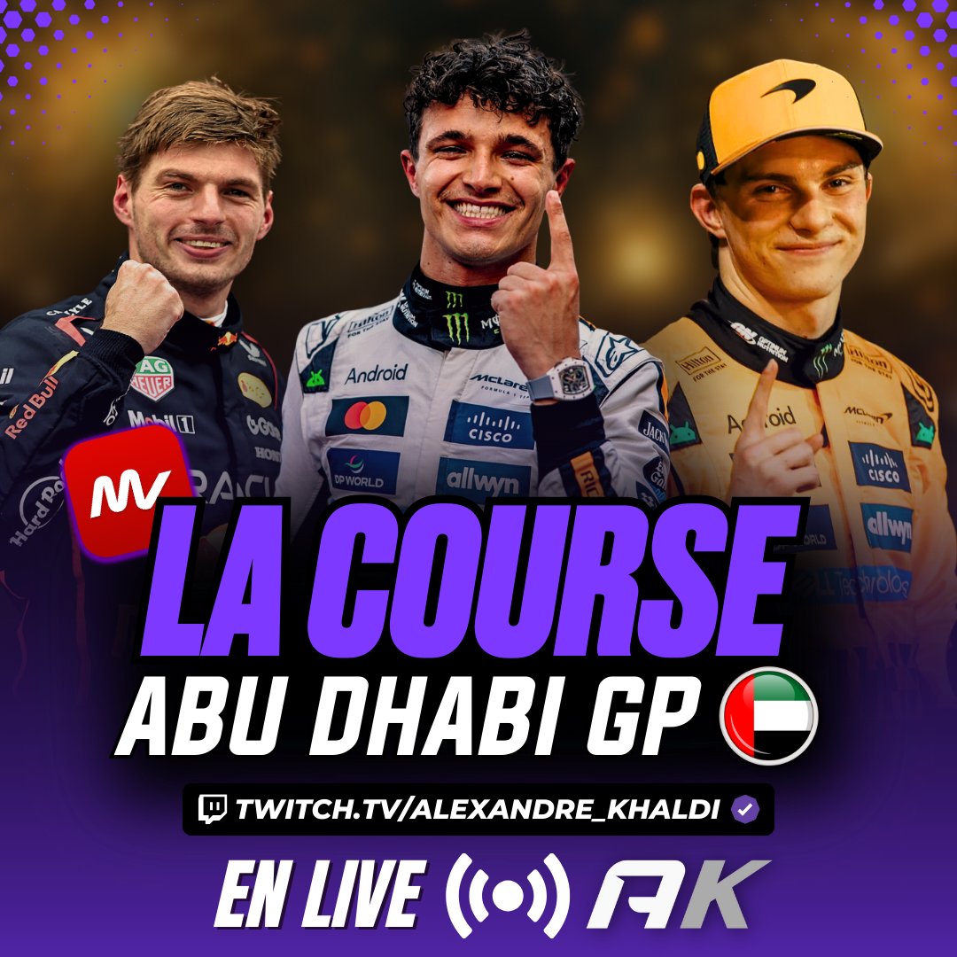 🚨 EN LIVE !

QUI SERA CHAMPION DU MONDE ENTRE NORRIS, VERSTAPPEN ET PIASTRI ? 🏆

Le Réact' ensemble de cette ultime bataille pour le titre, c'est maintenant pour le #AbuDhabiGP 🇦🇪