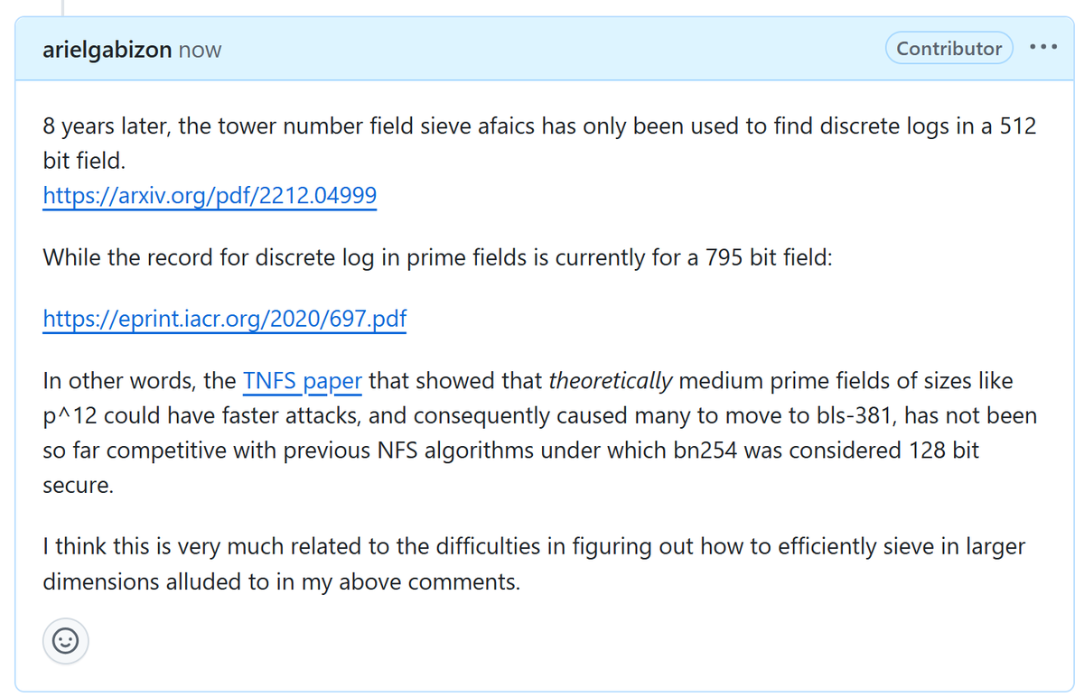 rel_zeta_tech's tweet photo. NFS experts:
Was the tower number field sieve in hindsight a false alarm causing many to move to larger curves because of over-optimistic estimates to its practical performance?
https://t.co/EQSCdlhY2f https://t.co/EDROMyQfst