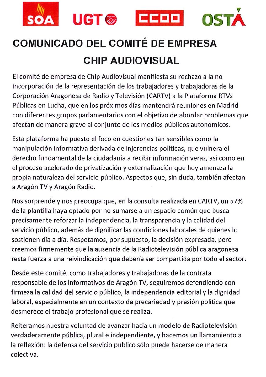 comiteCHIP's tweet image. 👉Si no luchas contra la manipulación, quizá es que no te molesta.

👉En @aragontv , 57% ha dicho “mejor no molestar”. @comiteCHIP NO podemos mirar a otro lado. 
@nazionobrera @UGTAragon @CCOOAragon @OSTAsindicato