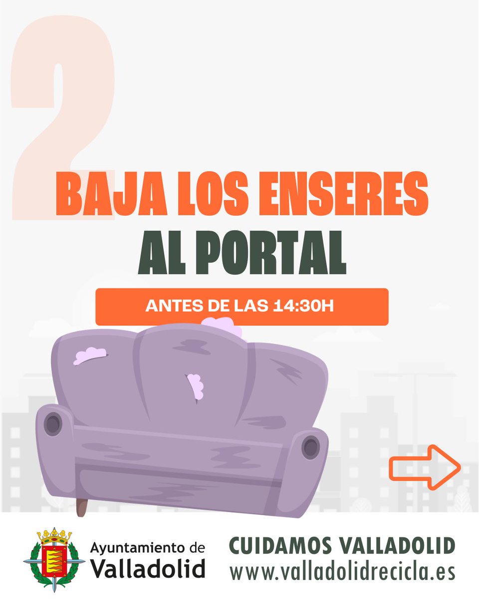 AyuntamientoVLL's tweet photo. ➡️ Tu mueble no necesita acera, necesita una llamada. 

📞 Llama al 983 35 25 81 y el @AyuntamientoVLL pasará a recogerlo a la puerta de tu domicilio. 

🛋️ Servicio gratuito de recogida de enseres.
 
🔗 https://t.co/coud1z4Kir
 
#NoNosDejesEnLaCalle #CuidamosValladolid https://t.co/yWSLk4kuFY