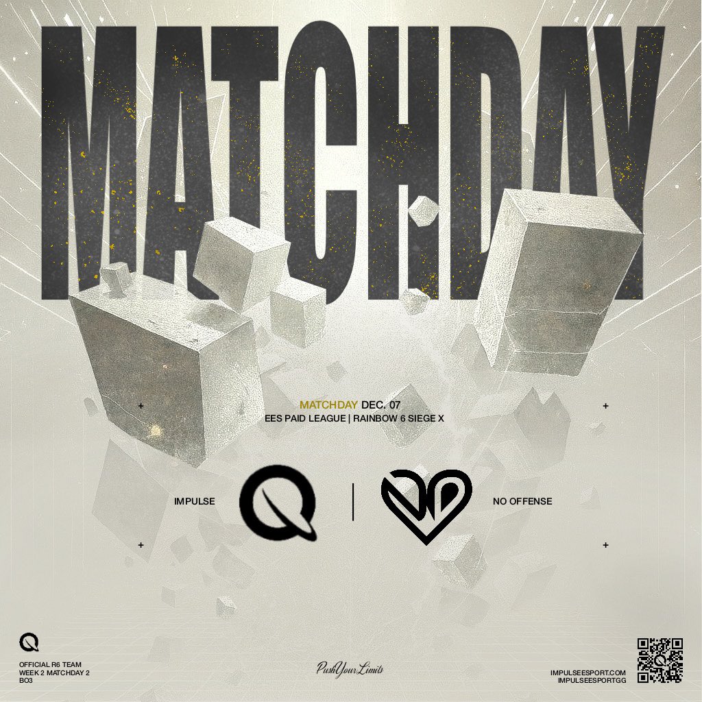 🚨 MATCHDAY
Today, our team is playing against <a href="/NOFATW/">NO Offense</a> in the <a href="/EuroEliteSeries/">European Elite Series</a> .
Can we build on our performance from last week? 👀

Lineup:
👤 <a href="/qBlanki/">Mika</a> 
👤 <a href="/Schildiiiiii/">SchildiiIMPULSE</a> 
👤 <a href="/CrygonHimself/">Crygon |IMPULSE</a> 
👤 <a href="/YxshiASTRO/">Yxshi | IMPULSE</a> 
👤 <a href="/shenokz/">ShenokzDEMON</a> 

#pushyourlimits

#RainbowSixSiege #gameday #Esports