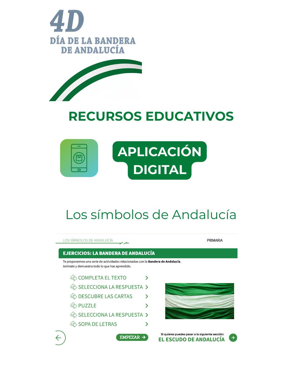 🆕 Consulta la aplicación digital

💚 Los símbolos de Andalucía

Dirigida al alumnado de Primaria y Secundaria, realiza un recorrido por los orígenes y desarrollo de los símbolos de Andalucía. Una propuesta en colaboración con <a href="/FundBlasInfante/">Fundación Blas Infante</a> 

f.mtr.cool/xdcmwmpwpo
#4D