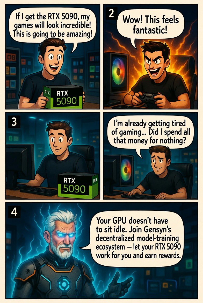 ultramit19's tweet photo. Why let your GPU sit idle? @gensynai turns unused power into real value.
Soon 👀
#Gensyn #AI #GPU #RTX5090 #AIGPU #DePIN #Tech #MachineLearning #AICommunity https://t.co/aPT2iETZOb