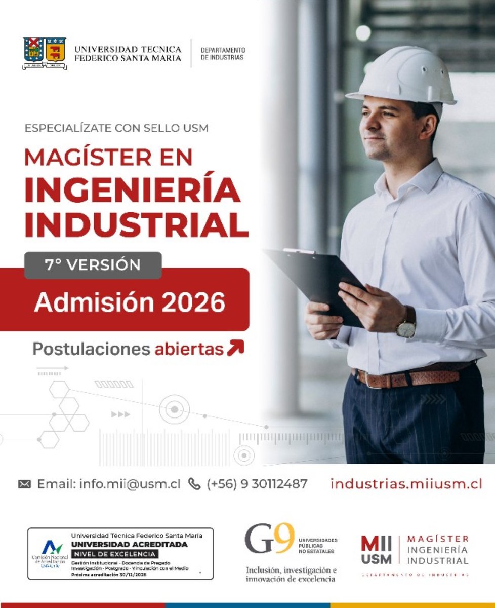 ¡Especialízate con Sello USM!

Se parte de la 7° versión del Magíster en Ingeniería Industrial USM.

Para más información, visita industrias.miiusm.cl o escríbenos a info.mii@usm.cl 

#utfsm #usm #miiusm #postgrado #gestionoperaciones #mejoracontinua #resoluciondeproblemas