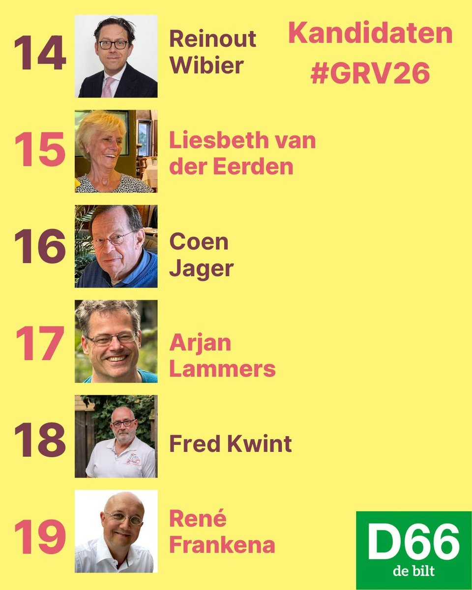 Met veel enthousiasme presenteert D66 De Bilt de kandidatenlijst voor de komende gemeenteraadsverkiezingen van maart 2026. 

In de komende maanden stellen we alle kandidaten uitgebreid aan jullie voor, met hun ideeën, drijfveren en plannen voor onze dorpen en wijken.

1/2