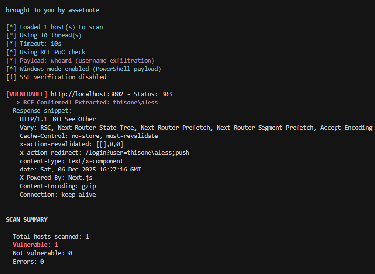 twaldos's tweet image. Testing my modified version of the scanner for the new Next.js RCEs by @assetnote. Targeting CVE-2025-55182 &amp;amp; CVE-2025-66478. Confirmed working on: Next.js 15.0.0 React 19.0.0-rc (RSC) on Win. 
It worked! 🔗 github.com/alessiodos/rea…

#InfoSec #BugBounty #NextJS #CyberSecurity #RCE