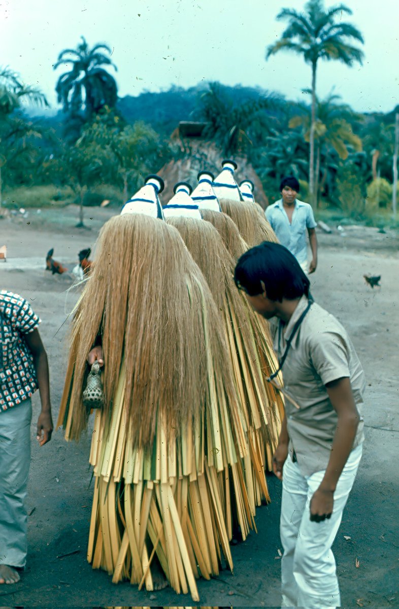 En la foto se aprecia una danza ritual piaroa (Hüottüja), donde los participantes aparecen cubiertos con largas fibras vegetales y unas llamativas máscaras que cubren sus rostros evocando el lado más salvaje de la naturaleza, avanzando en conjunto al ritmo de maracas y cantos