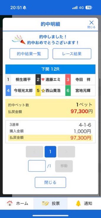 下関12R

4-1-6🎯

97.3倍🔥🔥🔥

マンツーマン限定☝️

ナイス👍