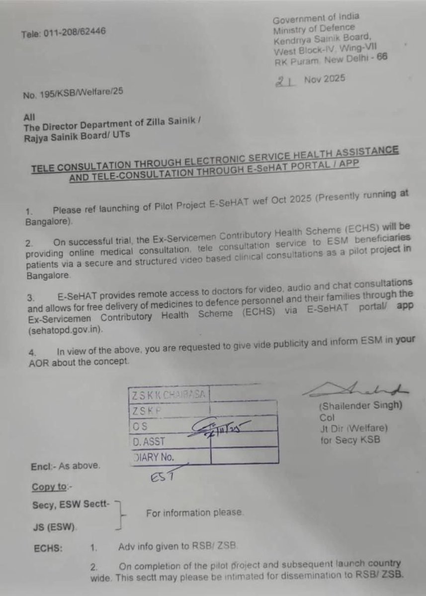 📌 *ECHS Tele-Consultation Update for Veterans* 🇮🇳 🪖

ECHS has launched a pilot tele-consultation service through the *E-SeHAT portal/app* (from Oct 2025, currently in Bengaluru).

🔹 Online doctor consultation via video, audio, and chat
🔹 Free medicine delivery under ECHS
🔹