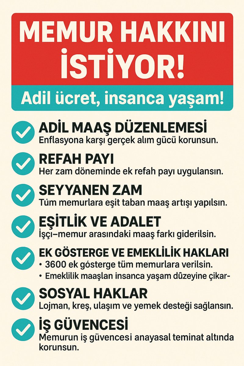 KamuSefleri's tweet photo. 📌 MEMURA YENİ MAAŞ DÜZENLEMESİ ŞART

İşçiye;
✔️ İkramiye
✔️ Tediye
✔️ Yemek
✔️ Yol

Memura: ❌ Hiçbiri yok.

Bu ayrım artık kabul edilemez.
Söz verilen 3600 Ek Gösterge de acilen hayata geçirilmeli.

#Memur #Adaletİstiyoruz https://t.co/6cXmePjzvi