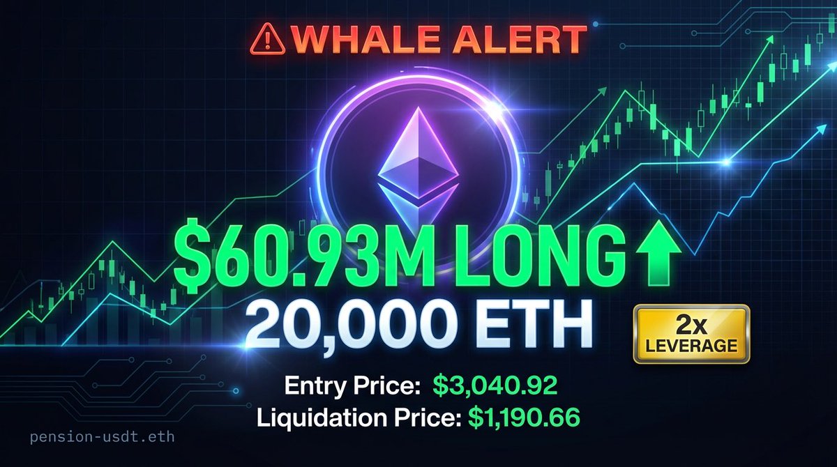 🐋 Whale opens huge 20,000 ETH / $61m LONG on $ETH 📈 

A notable whale, with a proven track record of $9 million in realized profits over the last 30 days, has just opened a substantial $61 million long position on $ETH.

This high-conviction trade suggests a strong expectation