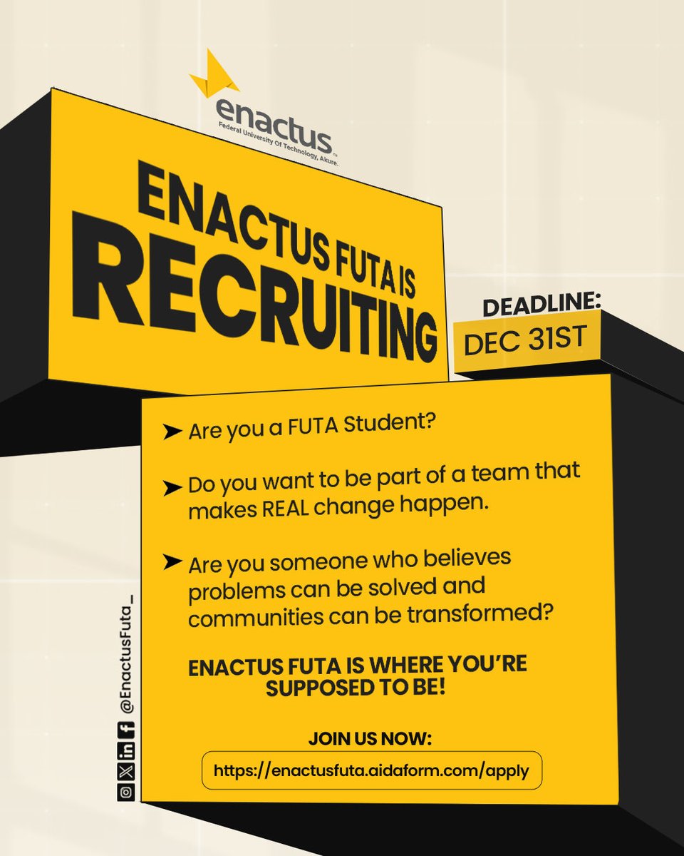 Where purpose meets passion. 💡
If you’re a FUTA student who sees problems as opportunities, Enactus FUTA is your home.
Join a team of visionary builders creating sustainable solutions and real community impact.
Are you in?
Applications close Dec 31 #EnactusFuta
#changemakers
