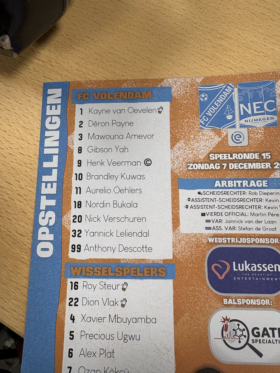 ries067's tweet image. #volnec dit zijn de elf van #FCVolendam tegen NEC. Robin van Cruijsen ontbreekt vanwege een blessure