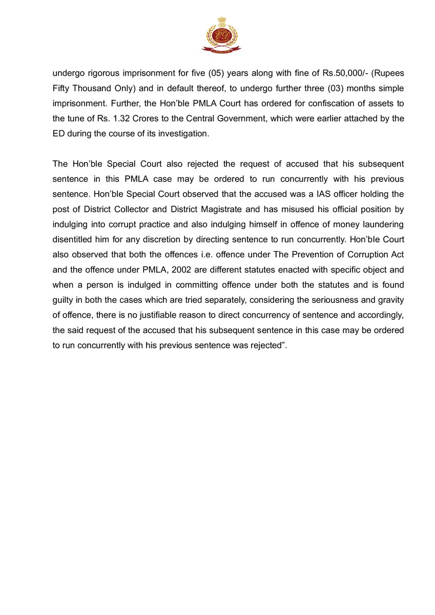 dir_ed's tweet image. The Hon’ble Special Judge (PMLA), Ahmedabad vide judgement dated 06.12.2025 has passed conviction order against the accused Pradeep Nirankarnath Sharma (Ex-IAS), under PMLA, 2002 and ordered him to undergo rigorous imprisonment for five (05) years along with fine of Rs.50,000/-…