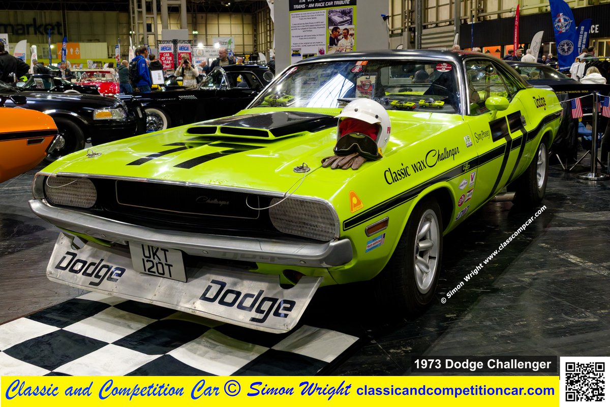 Eye Catching lime green Dodge Challenger, replica of Sam Posey 1970 Trans Am car. Seen at Classic Motor Show 2025, NEC. See more from the show in latest issue of Classic and Competition Car. Free at classcompcar.com #dodgechallenger #classicmotorshow #cars #americancar