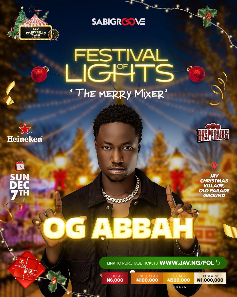 Neo_Marshall's tweet photo. Festival of Lights is TODAY guys!!!
If you havenโt gotten your tickets, itโs not too late.
Come letโs have fun together!
Donโt miss out
๐
Dec 7th
6PM
๐ JAV Holiday Village
๐๏ธ https://t.co/90kwZGAgp0
#FOL25 #Abuja https://t.co/LcJfzu1471