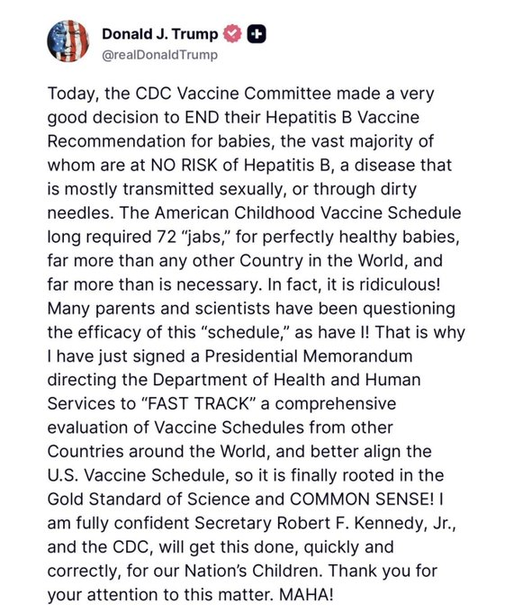 ImBreckWorsham's tweet image. Hell has FROZEN OVER. In a COMPLETE 180, President Trump has ordered RFK to end the current infant vaccine schedule. 

WELL DONE, @POTUS 

THIS is what I voted for.