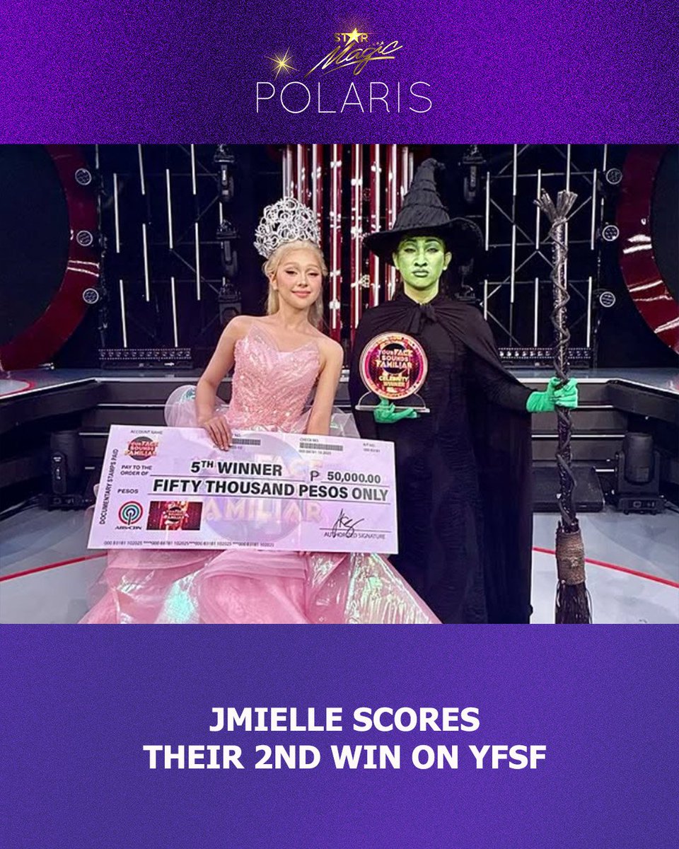 polarisabscbn's tweet photo. Congratulations, #JMIELLE, on your 2nd win after your stunning transformation as Cynthia Erivo's Elphaba and Ariana Grande's Galinda from the musical film Wicked!
#StarMagic #PolarisStarMagic #YourFaceSoundsFamiliar #YFSF5thWinner #ABSCBN https://t.co/IwUfFAVl7A