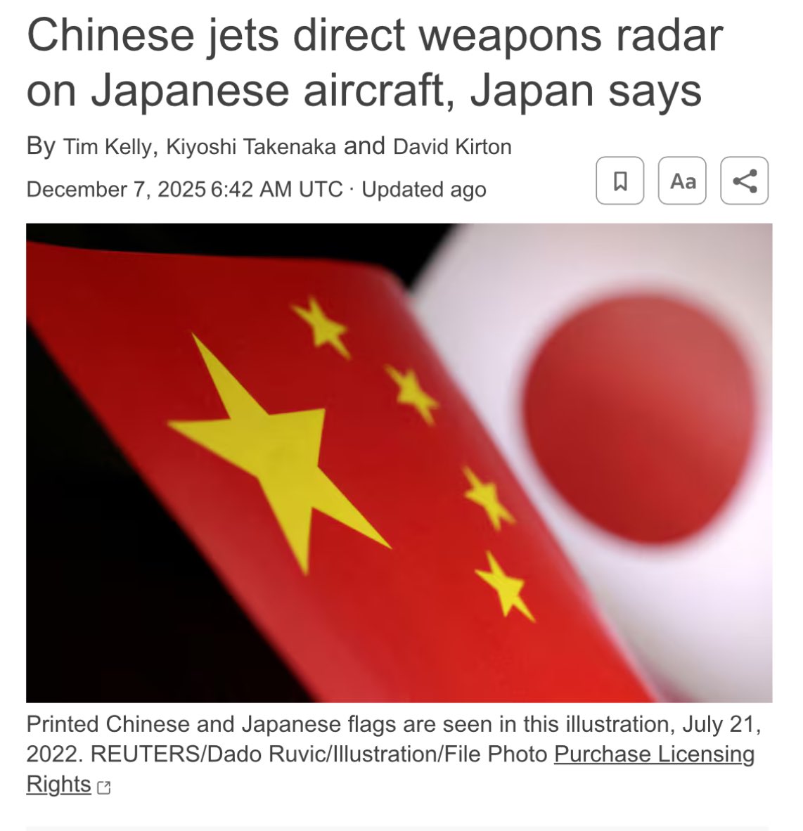 🇯🇵🇨🇳 Japan said on Sunday that Chinese fighter jets had directed fire-control radar at Japanese military aircraft in two "dangerous" incidents near Japan's Okinawa islands, - Reuters

"These radar illuminations went beyond what is necessary for the safe flight of aircraft,"