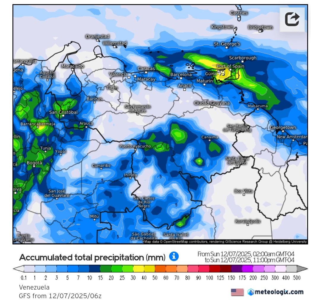07DIC Pronóstico Precipitaciones:
La mayor expectativa de lluvias tendría
lugar en áreas de Nororiente, Insular,
Bolívar, Amazonas, Andes, Zulia, zonas
de Norcentro. Eventos podría presentarse
en partes de Llanos y Centro Occidente.