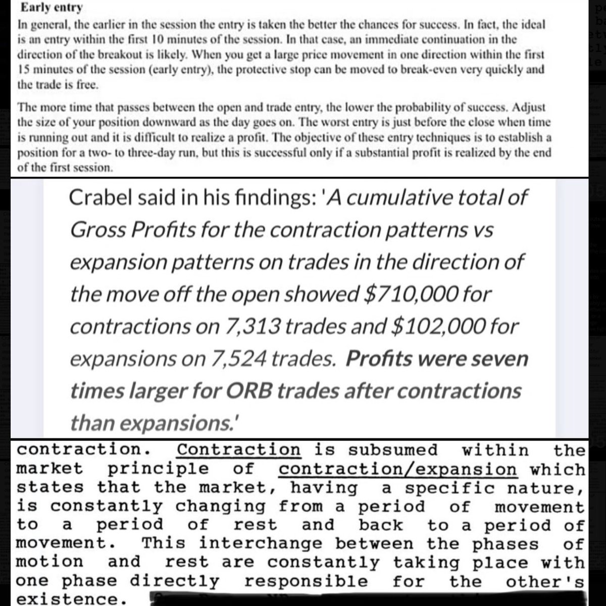 lonextrades's tweet photo. Qullamaggie's opening range highs / opening range break concept was dervied from fund manager Toby Crabel. 

Qullamaggie talked about him in a stream once - "I got opening range highs concept from this fund manager who made a billion dollars just trading opening range highs. Toby Crabel I think was his name."

Pradeep Bonde / Stockbee, Qullamaggie's mentor also has multiple tweets and threads on Crabel. 

Crabel's book "Day Trading With Short Term Price Patterns and Opening Range Breakout" sells for multiple $100s, sometimes thousands online in used and new conditions. One of the most expensive trading books out there for good reason. 

Here are a few great takeaways from his work: 

"A cumulative total of Gross Profits for the contraction patterns vs. expansion patterns on trades in the direction of the move off the open showed $710,000 for contractions on 7,313 trades and $102,000 for expansions on 7,524 trades. Profits were 7x larger for ORB trades after contractions than expansions." - Crabel

"In general the earlier in the session the entry is taken the better the chance for success. In fact, the ideal is an entry within the first ten minutes of the session. In that case an immediate continuation in the direction of the breakout is likely." - Crabel

"The Contraction/Expansion Principle states that the market is constantly changing from a period of movement to a period of rest and back to a period of movement. This interchange between the phases of motion and rest is constantly taking place.” - Crabel

In summary, data backs that breakouts and range expansions follow periods of low volatility. 

The earlier we can take our trades the greater the probabilities, the lower the risk and thus greater the profits. 

And the market continuously operates on the backbone of this compression into expansion principle. 

Allowing us as traders to net profits by trading out of tight patterns, preferably on stocks with a reason to go up - whether it be fundamentals, a theme or story, or a news catalyst. 

And utilizing opening range highs on gap ups for example to have tight stops and big winners that negate losers and leave us with net R (profits).