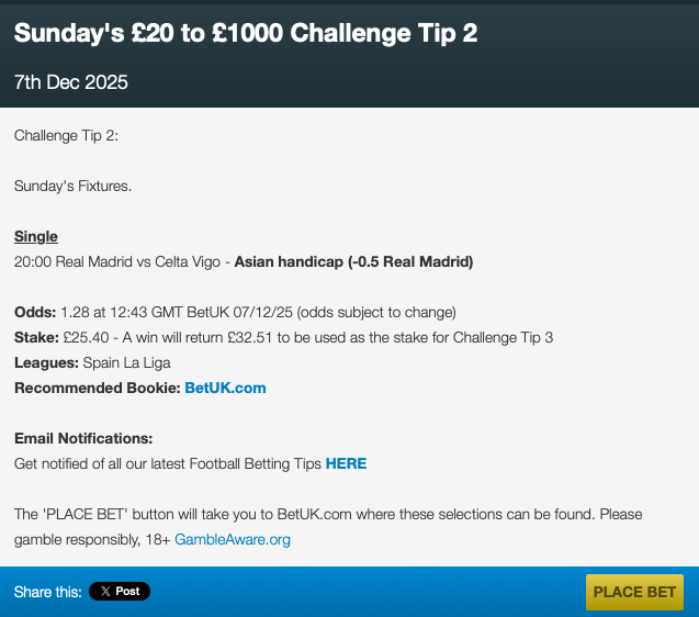No1TFT's tweet photo. Sunday's £20 to £1000 Challenge Tip 2

Visit our website for the rest of Sunday's betting tips                                                                              

#TopFootballTipster #BettingTips #BettingChallenge https://t.co/0p280nJbnW