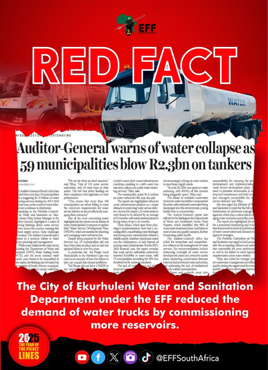 EFFGautengProv's tweet image. ♦️Red Fact♦️

The city of Ekurhuleni Water and Sanitation Department under the EFF reduced the demand of water trucks by commissioning more reservoirs.