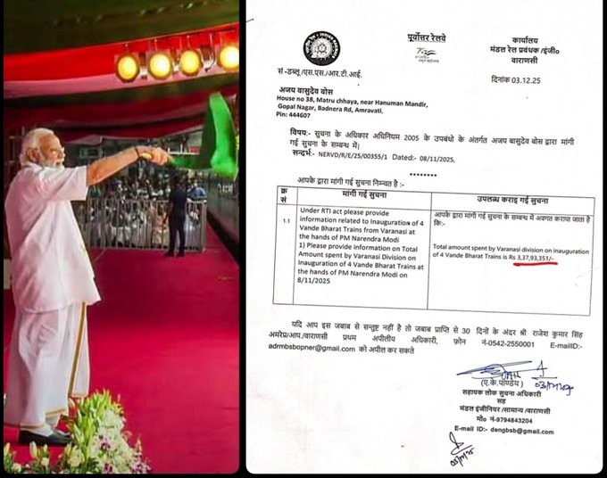 arunruby08's tweet image. एक #RTI के जवाब से पता चला है कि 8 नवंबर 2025 को #मोदीजी ने 4 #Vande_Bharat ट्रेनों का उद्घाटन किया था.उस कार्यक्रम पर पूर्वोत्तर रेलवे ने 3.38 करोड़ रूपये ख़र्च किए हैं.

This does not include the cost of Modi’s travel and security.

And remember 
Manufacturing cost of ONE