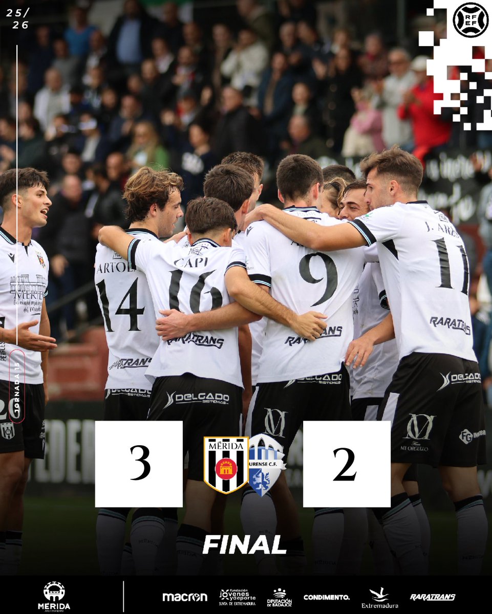 ✅ ¡FINAAAL! ¡FINAAAAL! ¡FINAAAAL! ¡VICTORIA! ¡➕3️⃣! ¡Rugió el Romano y se quedan aquí los puntos! 💥

<a href="/Merida_AD/">A.D. Mérida</a> 3-2 <a href="/Ourense_CF/">Ourense CF</a> 

⚽️ Luis Pareja
⚽️ <a href="/eudaldverges20/">Eudald Vergés</a> 
<a href="/varogarci/">Álvaro García Arana</a> 

#MéridaOurense