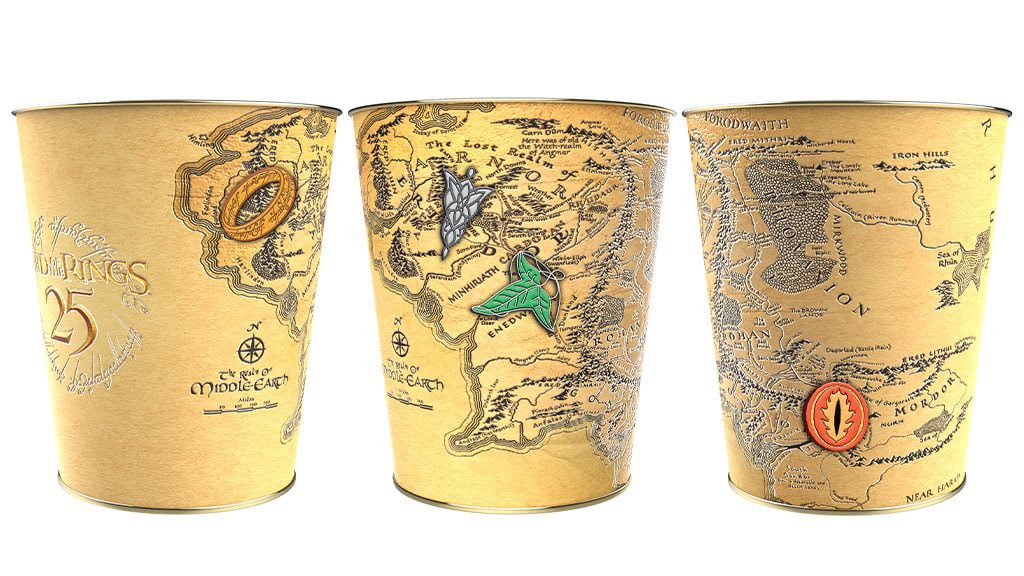 The popcorn buckets for the 25th anniversary re-release of The Lord of the Rings! These are so cool.