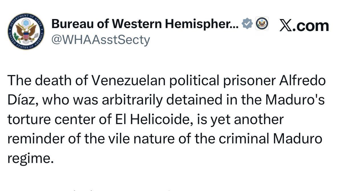 OrlvndoA's tweet photo. 🚨 | Departamento de Estado se pronuncia sobre el asesinato de Alfredo Díaz en El Helicoide:

“Esto es otro recordatorio de la vil naturaleza del criminal régimen de Maduro”. https://t.co/SWogCpuRrq