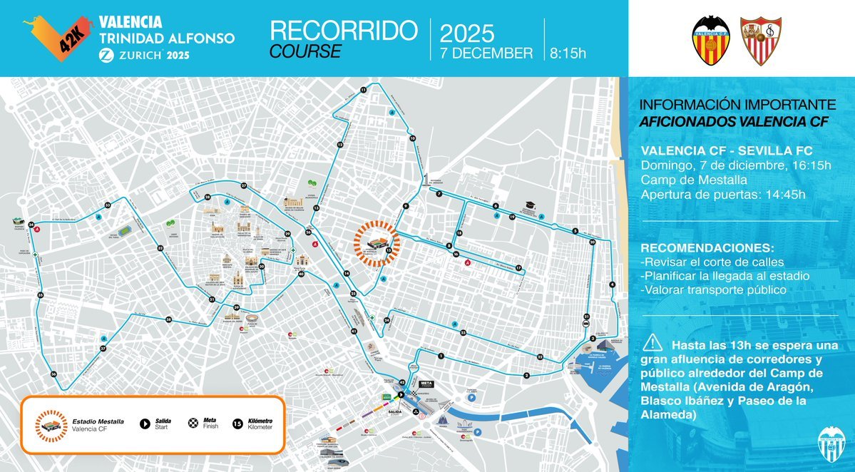 AjuntamentVLC's tweet image. ⚽ Els talls al @TransitValencia per la #MaratónValència encara estan en marxa, i hui hi ha partit de @LaLiga entre el @valenciacf i el @SevillaFC

⏰ 16.15 a 18.15 h

Planifica la teua arribada a 📍Mestalla i revisa el recorregut de la #42KValencia i els talls al trànsit.

👇