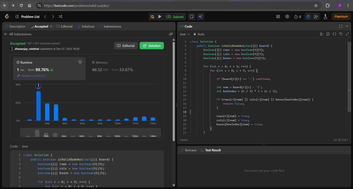Dhananjay_R_26's tweet photo. Day 96 of #CodeWithConsistency #DSA 
✅Revised Backtracking from @ApnacollegeX with @ShradhaKhapra_ mam.
✅Solved 1 hard level (NQueen) and 1 mid level (Valid Sudoku) question on leetcode.
#Java #LearningInPublic #Coding https://t.co/V2daWC03fb