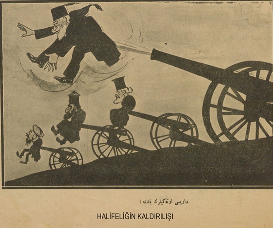 Hem  Halifeliğin kaldırılışı diye böyle karikatür yapacaksınız hem Alman dergisinin resmini taklit edip Atatürk inkılapları diye Müslümanları hedef alacaksınız hemde Vahdettin İngiliz gemisiyle kaçtı diyeceksiniz az oevladı değilsiniz