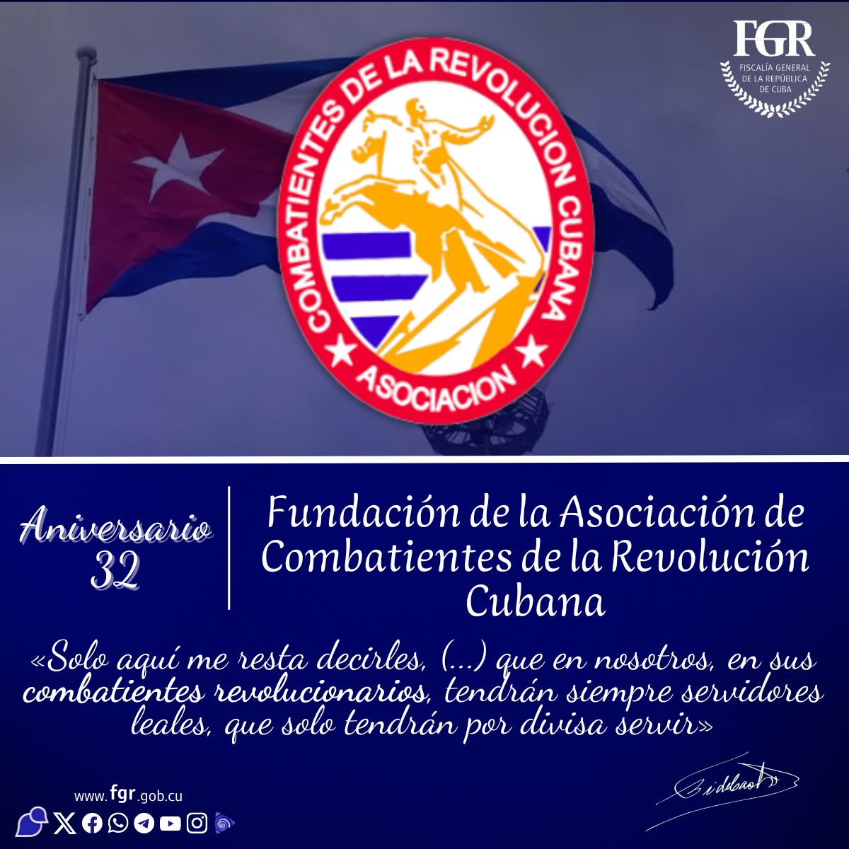 🇨🇺 | La Asociación de Combatientes de la Revolución Cubana arriba a su aniversario 32. Mujeres y hombres cuyas vidas han estado siempre al servicio de la Patria. 

Las felicitaciones de toda la familia de la #FiscalíaCubana. 

#Cuba 🇨🇺