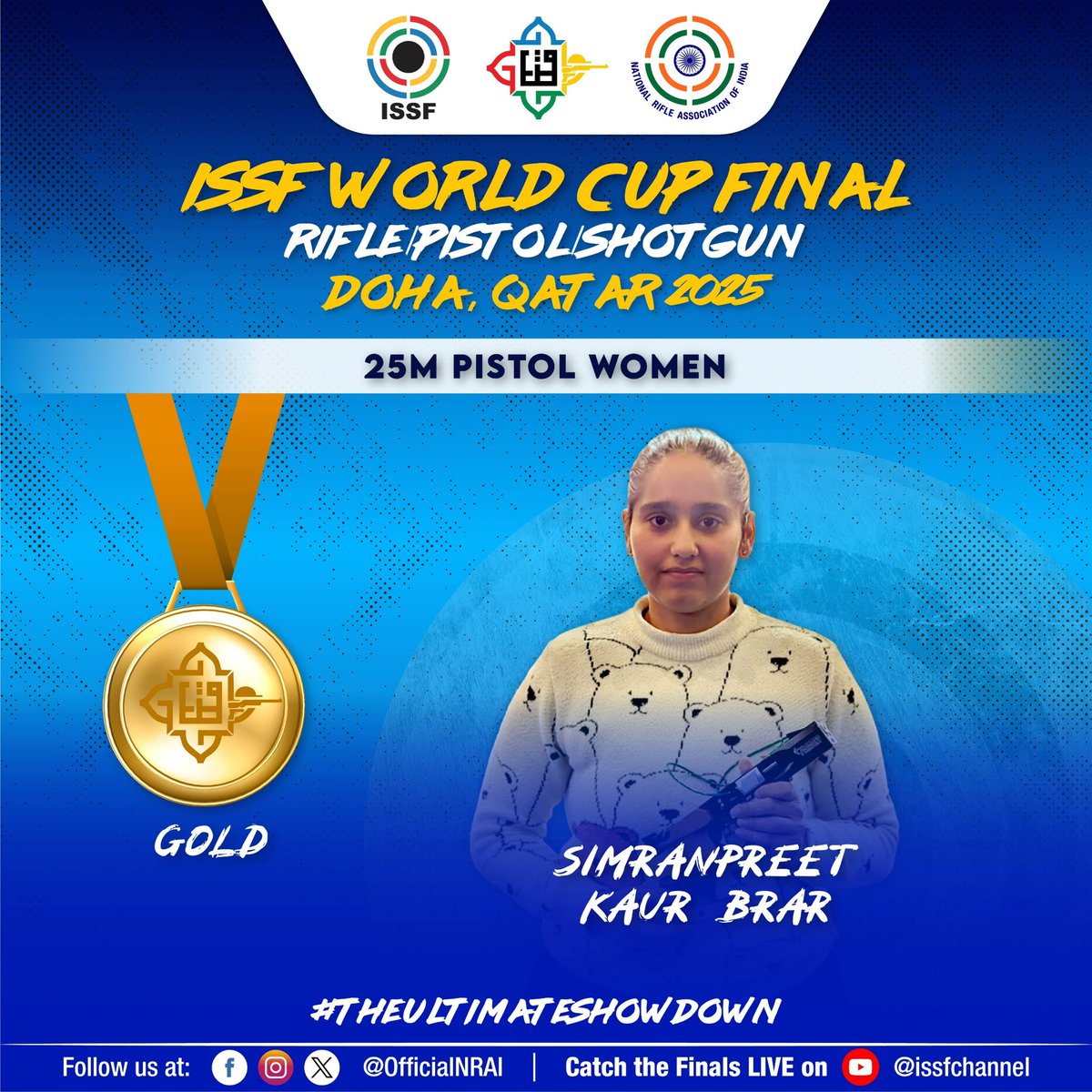 OfficialNRAI's tweet photo. GOLD โผ๏ธ ๐ ๐จ ๐ฅ ๐ฅ ๐ฅ Sheโs not only won๐ฅbut also equalled the junior world record with a 41 out of a possible 50 in the final at the Lusail range in Doha. ๐๐๐ฅ๐๐ฎ๐ณ
#ISSFWorldCupFinal #UltimateShowdown #Doha #Shooting #SportPistol #TeamIndia #India #ShootingStar https://t.co/C8Wtq3DsBm