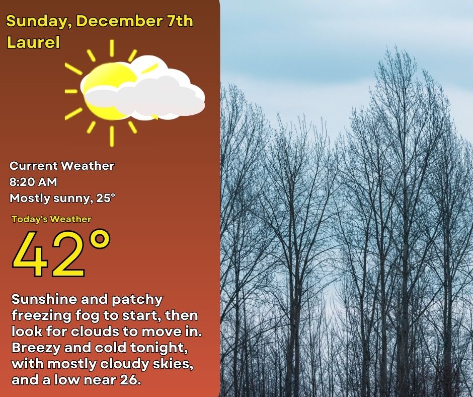 A sunny and cold start, with areas of freezing fog. Becoming mostly cloudy, with a high near 42. Tonight, breezy and cold, with a low near 26, mostly cloudy skies and some gusts near 18 mph.