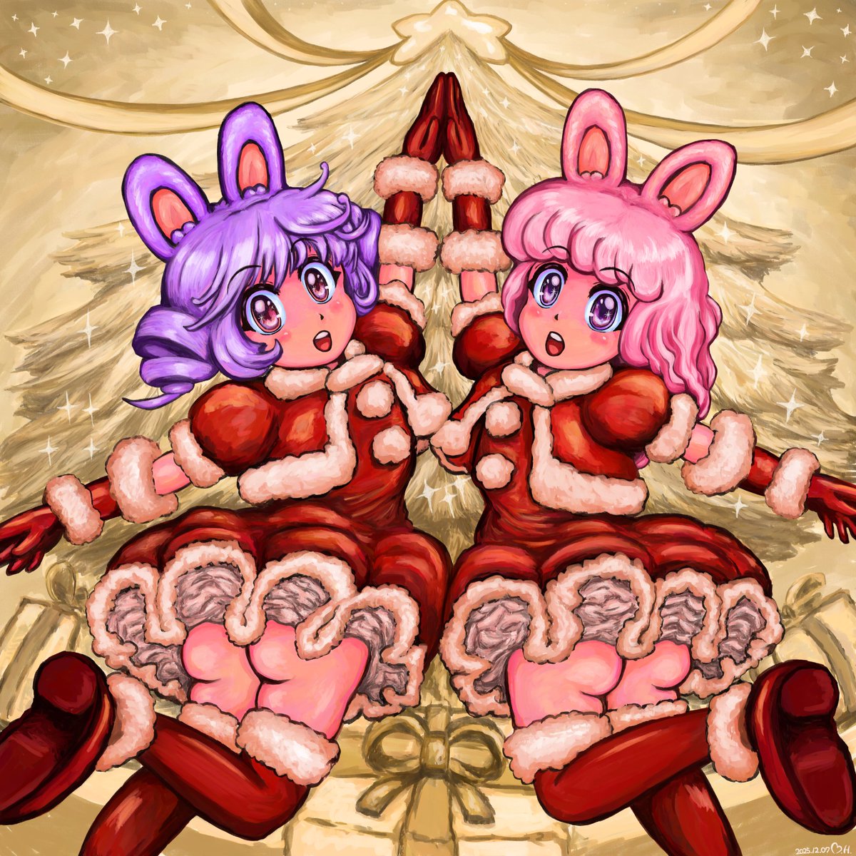 hosino_melissa's tweet image. メリッサとマリッサの、2025年のクリスマスのイラスト！
描き上がりました！　やったあ！ｗ

メリッサとマリッサから、ひと足お先にメリークリスマス！ｗ

背景も、ちょっとだけキラキラさせてみました！ｗ

 #星野メリッサの思い出のアルバム #イラスト #illustration