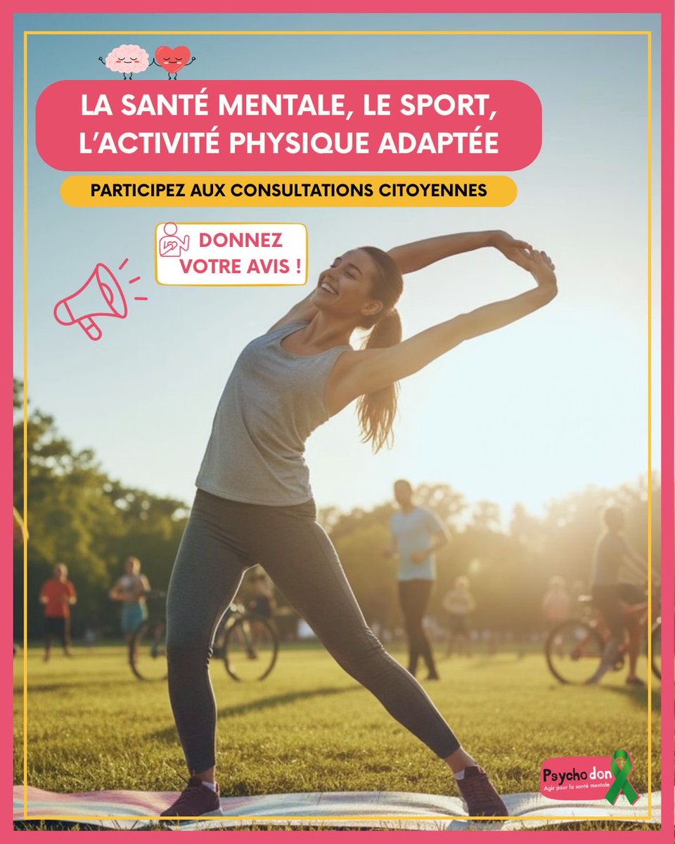 💚 Le sport joue un rôle essentiel pour la santé mentale : stress, sommeil, confiance, énergie…
Les consultations citoyennes ouvrent la parole sur votre rapport au mouvement et aux activités physiques adaptées.

🔗psychodon.org/fnsm-consultat…

#SantéMentale #Sport