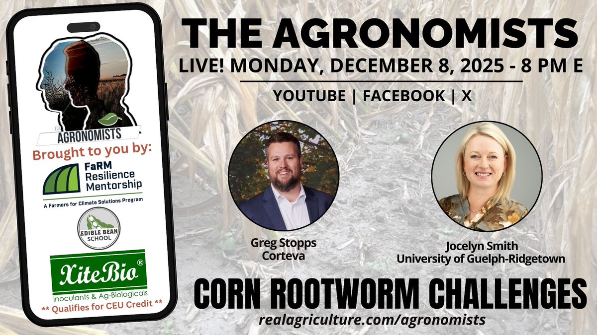 Tomorrow on The Agronomists, learn all about corn rootworm challenges with @RealLoudLyndsey is joined by guests <a href="/Greg_Stopps/">Greg Stopps</a> of <a href="/corteva/">Corteva Agriscience</a> &amp; <a href="/Jocelynlsmith/">Jocelyn Smith</a> of <a href="/RidgetownCampus/">Ridgetown Campus</a>! Tune in on Monday at 8PM E  👉 RealAgriculture.com/live/