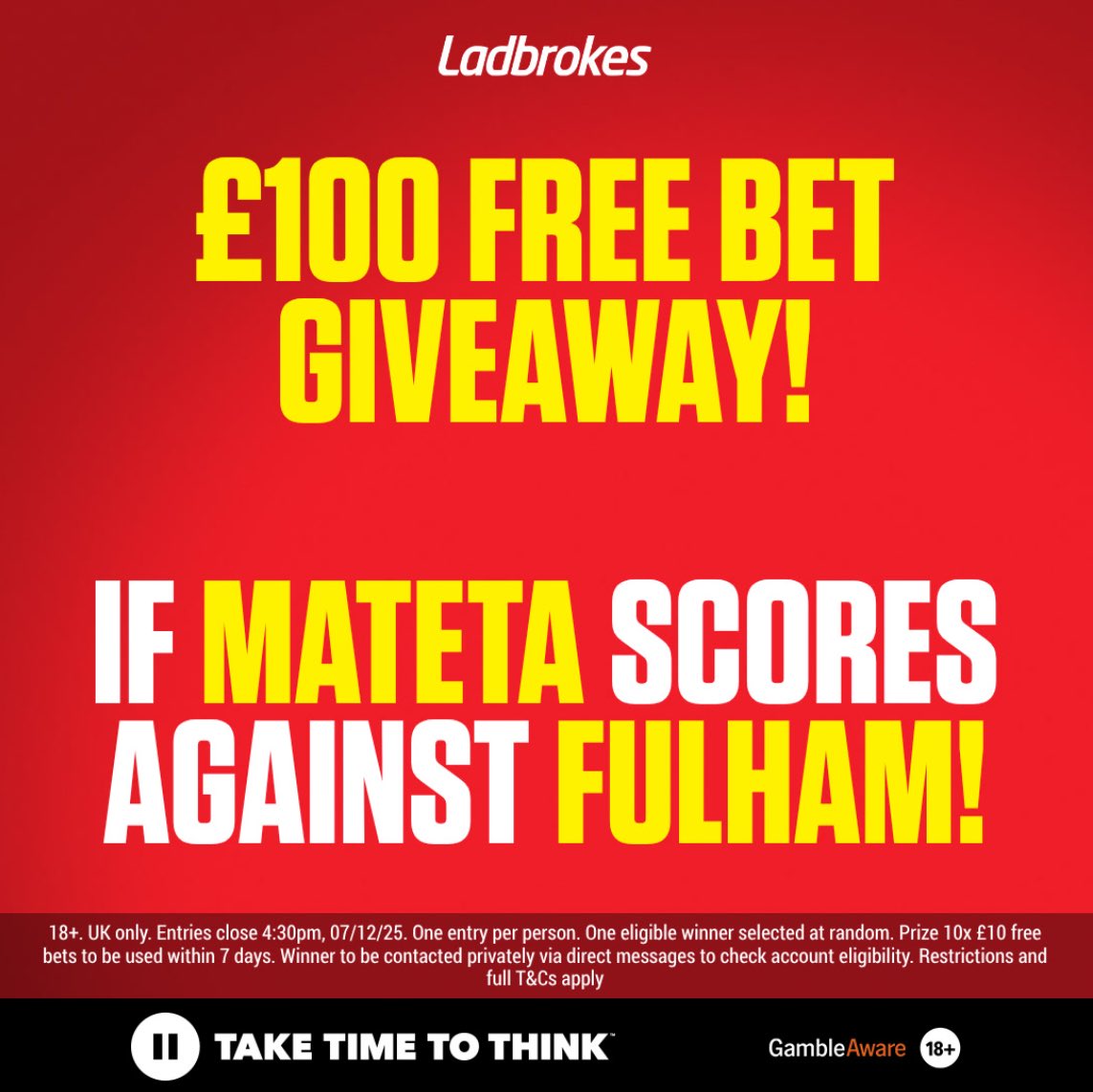 𝐁𝐎𝐎𝐌 𝐁𝐎𝐎𝐌 𝐁𝐎𝐎𝐌 𝐁𝐎𝐎𝐌 🎶🕺🏼💃🏼

Fancy winning a £100 Free Bet?

🔴 Retweet &amp; Like this post ♻️📱 
🔴 Make sure you follow <a href="/Ladbrokes/">Ladbrokes</a> ✅ 

And if Mateta scores at Fulham today, one of you will be winning that Free Bet!💰

help.ladbrokes.com/en/general-inf…