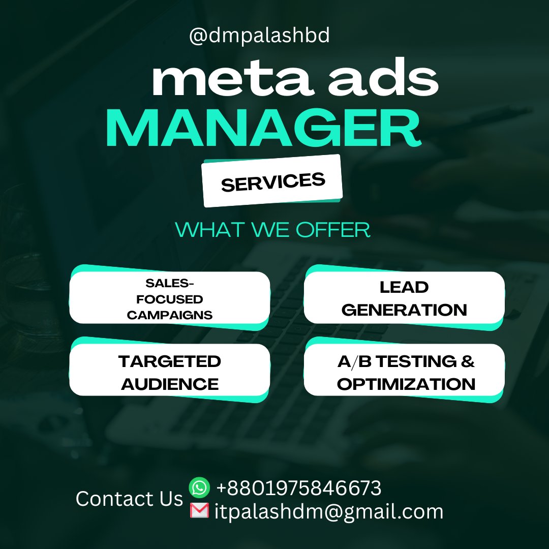 dmpalashbd's tweet image. 🚀 Meta Ads Manager Service!

✔ Sales
✔ Leads
✔ Reach

DM for ads management!

#metaads #googleads #youtubeseo