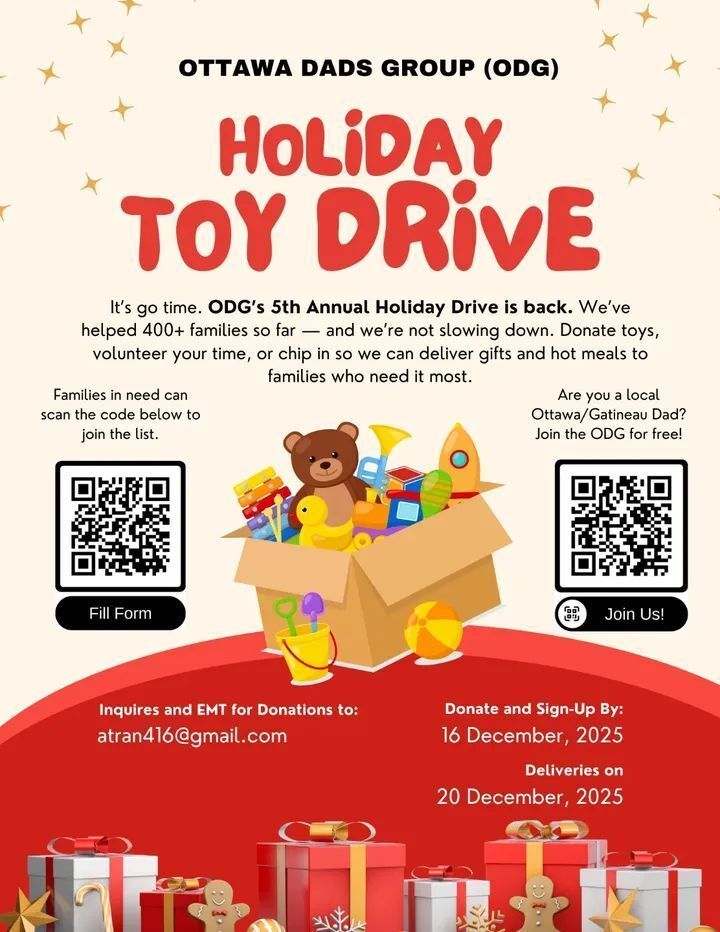 ChrisIfill's tweet photo. 🎉 It's GO TIME! The Ottawa Dads Group (ODG) 5th Annual Holiday Toy Drive is on! We've already helped over 400 families, and this year, we're aiming even higher to deliver joy across Ottawa and Gatineau. ❤️We are collecting toys, gifts, and funds to provide hot meals to families https://t.co/gRb3VgutQV